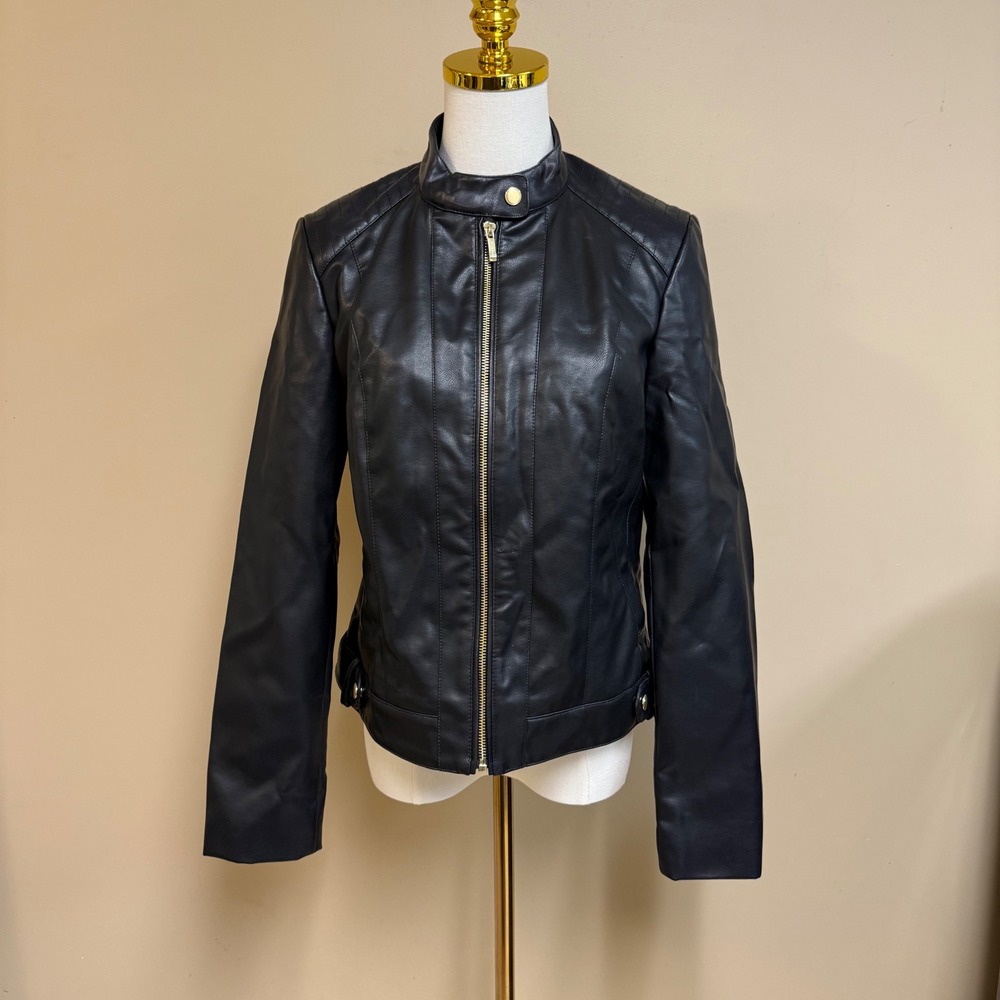 Cole Haan Signature Black Faux Leather Moto Jacket‎ Women's Small Zip Front